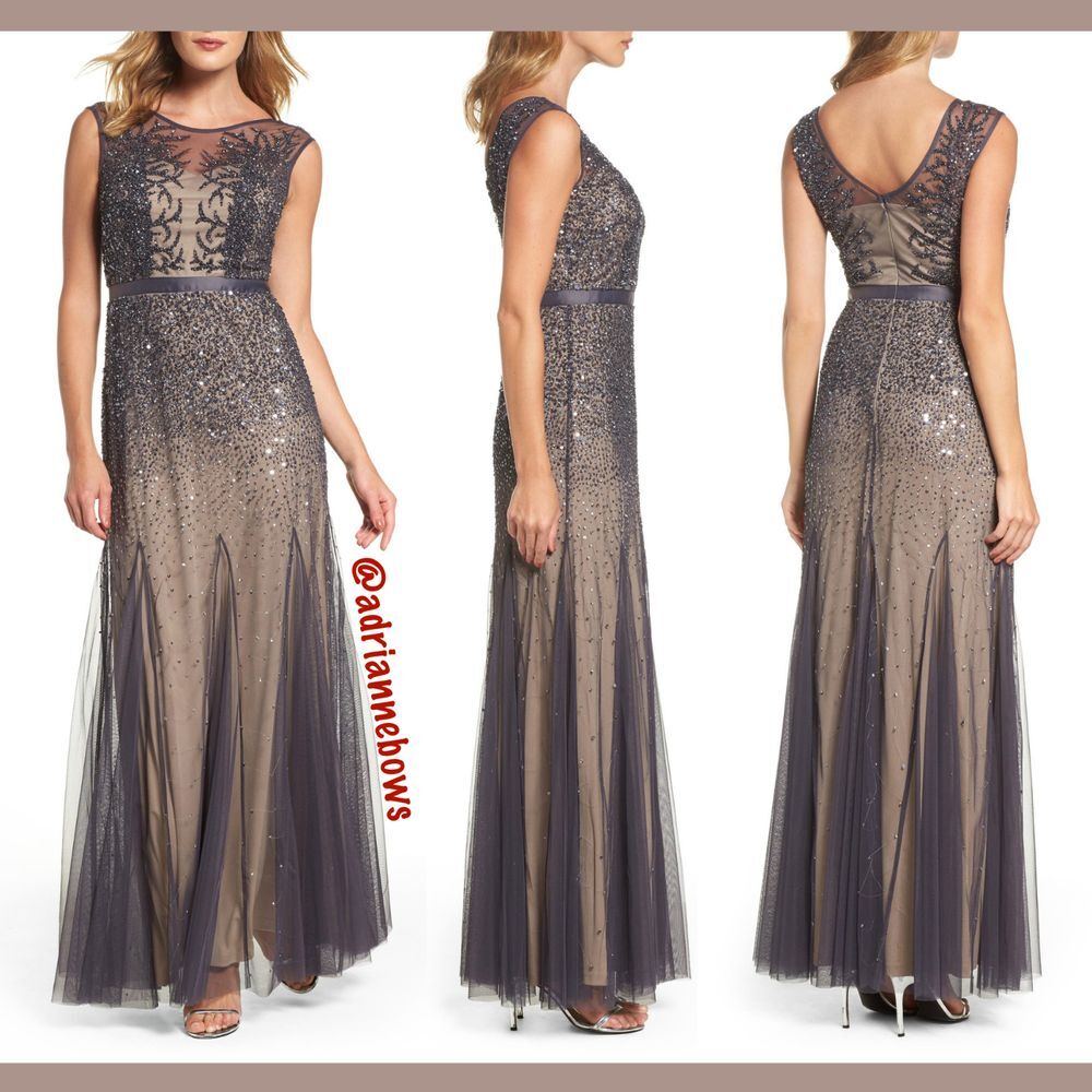 NWT Adrianna Papell [ 14 ] Sleeveless Beaded Illusion Gown Dress Gunmetal J525‎